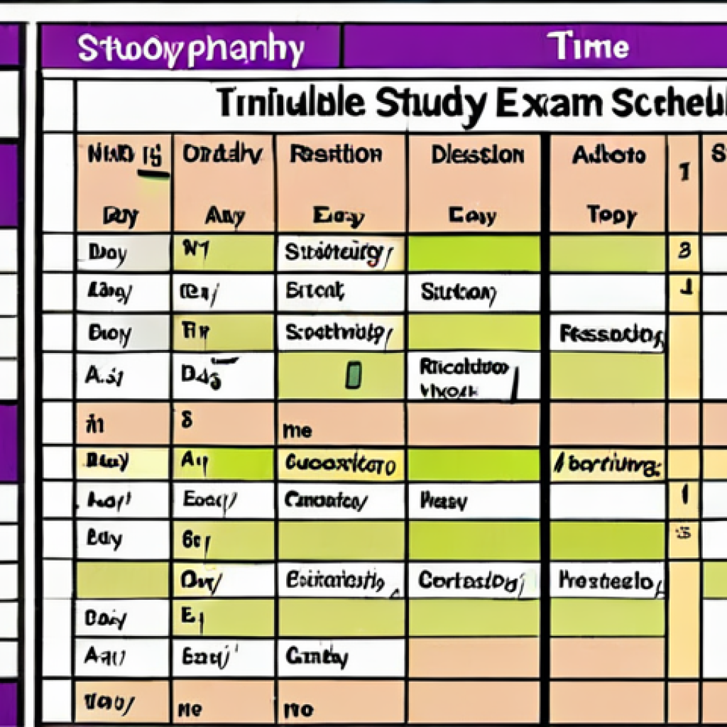 ** Examination Preparation Timetable - A well-organized study schedule featuring activities like individual study, group discussions, practice exam questions, and relaxation time. Display a filled table with clear labels (Day, Time, Activity, Topic).

**