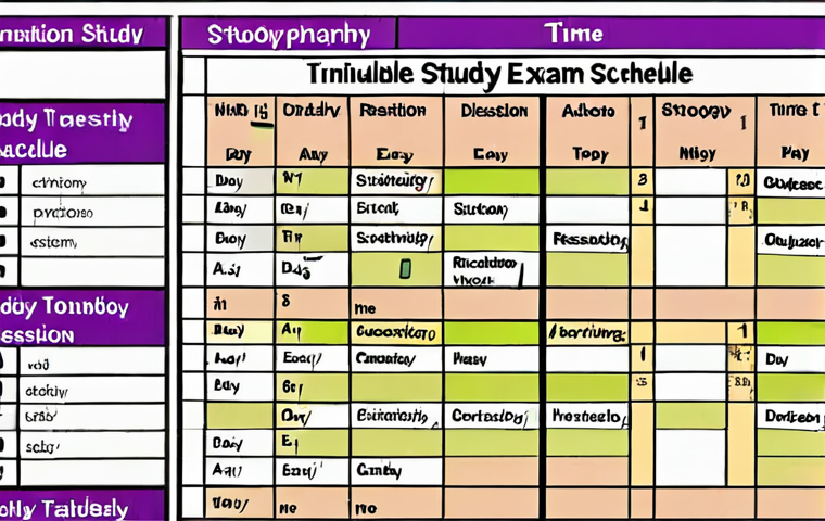 ** Examination Preparation Timetable - A well-organized study schedule featuring activities like individual study, group discussions, practice exam questions, and relaxation time. Display a filled table with clear labels (Day, Time, Activity, Topic).

**