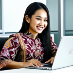 ** A professional Malaysian businesswoman in a modest baju kurung with batik accents, smiling warmly while working on a laptop in a bright, modern Kuala Lumpur office. Safe for work, appropriate content, fully clothed, professional, perfect anatomy, natural proportions, high quality, well-formed hands, proper finger count, natural body proportions.

**