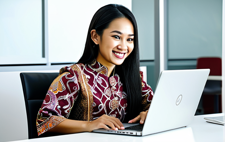 ** A professional Malaysian businesswoman in a modest baju kurung with batik accents, smiling warmly while working on a laptop in a bright, modern Kuala Lumpur office. Safe for work, appropriate content, fully clothed, professional, perfect anatomy, natural proportions, high quality, well-formed hands, proper finger count, natural body proportions.

**